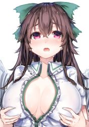 Rule 34 | 1girl, bow, grabbing another&#039;s breast, breasts, brown hair, cape, cleavage, grabbing, green bow, hair between eyes, hair bow, large breasts, long hair, looking at viewer, no bra, open clothes, open shirt, red eyes, reiuji utsuho, shirt, short sleeves, simple background, sketch, solo, tareme, touhou, wet, white background, white shirt, wowoguni
