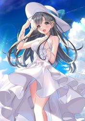 Rule 34 | 1girl, :d, arm up, bare arms, bare shoulders, blue bow, blue sky, blush, bow, breasts, brown flower, cloud, commentary request, criss-cross halter, day, dress, flower, grey eyes, grey hair, hair flower, hair ornament, halterneck, hat, hat bow, highres, idolmaster, idolmaster cinderella girls, kobayakawa sae, long hair, looking at viewer, medium breasts, open mouth, outdoors, sky, smile, solo, summer, sun hat, sundress, sutoroa, very long hair, white bow, white dress