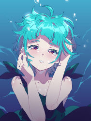 Rule 34 | 1girl, ahoge, air bubble, bare shoulders, black dress, blue background, blue hair, blunt bangs, bubble, commentary request, dress, hands on own face, hands up, highres, looking at viewer, omega auru, open mouth, pink eyes, pretty series, sad, short hair, solo, tears, tsujii luki, underwater, upper body, waccha primagi!, water