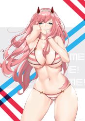 Rule 34 | 10s, 1girl, bare shoulders, bikini, breasts, collarbone, commentary, cowboy shot, darling in the franxx, gluteal fold, green eyes, hairband, hands on own head, heart, heart-shaped pupils, highres, horns, large breasts, long hair, looking at viewer, me!me!me!, navel, parody, parted lips, pink hair, smile, solo, striped bikini, striped clothes, swimsuit, symbol-shaped pupils, tony guisado, very long hair, zero two (darling in the franxx)