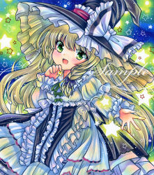Rule 34 | 1girl, :d, black hat, blood, blood from mouth, blue background, blue brooch, braid, breasts, brooch, center frills, frilled ribbon, frilled sleeves, frills, glowing, green background, green eyes, hat, hat ribbon, head tilt, holding, jewelry, juliet sleeves, kirisame marisa, large hat, long hair, long sleeves, looking at viewer, marker (medium), multicolored background, open mouth, puffy sleeves, ribbon, rui (sugar3), sample watermark, single braid, small breasts, smile, solo, star (symbol), touhou, traditional media, very long hair, watermark, witch hat