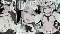 Rule 34 | 1boy, 1girl, :d, abyssal ship, aqua eyes, bar censor, black background, black cape, black gloves, black hair, blush, bodysuit, breasts, cape, censored, clothed sex, commentary request, covered navel, femdom, gloves, grey hair, hetero, highres, kantai collection, kiss, looking at another, looking at viewer, medium breasts, open mouth, pale skin, penis, sex, short hair with long locks, sidelocks, smile, speech bubble, straddling, tentacle sex, tentacles, torn clothes, translation request, upright straddle, vaginal, wamu (chartreuse), white bodysuit, wo-class aircraft carrier