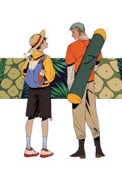 Rule 34 | 2boys, alternate costume, back, backpack, bag, beast romance, black eyes, black hair, earrings, facial scar, from behind, full body, green hair, hat, highres, jewelry, looking at viewer, looking back, male focus, monkey d. luffy, multiple boys, one piece, roronoa zoro, scar, scar across eye, scar on cheek, scar on face, short hair, sideburns, single earring, straw hat, white background