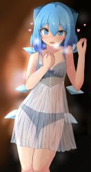 Rule 34 | 1girl, abstract background, alternate costume, bare arms, black bra, black panties, blue eyes, blue hair, blurry, blurry background, bow, bra, breath, bright pupils, chemise, cirno, collarbone, commentary, contrapposto, cowboy shot, fang, flat chest, gradient background, hair between eyes, hair bow, hand on own chest, heart, heavy breathing, highres, leaning to the side, lingerie, looking at viewer, mizune (winter), open mouth, panties, see-through, short hair, skin fang, solo, standing, sweat, thigh gap, touhou, underwear, white pupils, wings