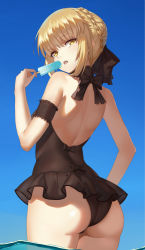 Rule 34 | 1girl, :o, arm garter, armlet, artoria pendragon (all), artoria pendragon (alter swimsuit rider) (first ascension) (fate), artoria pendragon (fate), ass, back, backless outfit, bare shoulders, black bow, black one-piece swimsuit, blonde hair, blue background, blue sky, blush, bow, braid, casual one-piece swimsuit, cowboy shot, day, detached collar, eating, fate/stay night, fate (series), food, french braid, frills, from behind, from side, hair bow, hair bun, hand up, head tilt, holding, holding food, in water, legs together, looking at viewer, looking back, official alternate costume, one-piece swimsuit, open mouth, outdoors, popsicle, saber (fate), saber alter, see-through, short hair, short hair with long locks, sidelocks, single hair bun, sky, solo, standing, summer, swimsuit, transparent, twisted neck, wading, water, yellow eyes, yunsang
