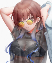 Rule 34 | 1girl, aketa mikoto, arms up, black bra, blue hair, bra, breasts, brown hair, cleavage, highres, idolmaster, idolmaster shiny colors, jacket, jewelry, long hair, ma7bell, medium breasts, mirae (closers), multicolored hair, necklace, open clothes, open jacket, see-through, simple background, solo, sunglasses, tinted eyewear, underwear, upper body, white background, yellow-tinted eyewear