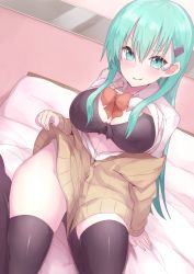 Rule 34 | 10s, 1girl, absurdres, aqua eyes, aqua hair, arm support, black bra, blush, bra, breasts, brown thighhighs, from above, front-tie top, hair between eyes, hair ornament, hairclip, highres, ichijou (kr neru0), jacket, kantai collection, large breasts, long hair, looking at viewer, no panties, remodel (kantai collection), school uniform, solo, suzuya (kancolle), thighhighs, underwear