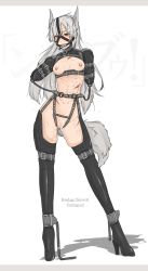 Rule 34 | 1girl, animal ears, ball gag, bdsm, bondage, boots, bound, breasts, breasts apart, clitoris piercing, clitoris ring, collar, cuffs, gag, gagged, gatling raid, harness, harness gag, high heel boots, high heels, highres, nipple piercing, nipple rings, nipples, original, pet play, piercing, pussy, pussy juice, pussy piercing, saliva, silver hair, simple background, slave, solo, straitjacket, sweat, tail, uncensored, white background, wolf ears, wolf tail