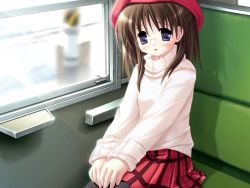 Rule 34 | 1girl, black pantyhose, blue eyes, blush, brown hair, dot nose, fuyutsuta hakana, game cg, glasses, hat, looking at viewer, north wind, open mouth, pantyhose, sitting, skirt, solo, source request, sweater, thighhighs, torishimo, train, train interior, wallpaper