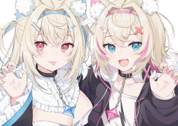 Rule 34 | 2girls, animal ear fluff, animal ears, bandaid, bandaid hair ornament, black collar, black jacket, blonde hair, blue eyes, blue hair, blue nails, blush, breasts, claw pose, cleavage, cleavage cutout, closed mouth, clothing cutout, collar, cropped jacket, cropped shirt, dog ears, dog girl, dress, fang, fur-trimmed jacket, fur trim, fuwawa abyssgard, fuwawa abyssgard (1st costume), hair ornament, hairpin, headphones, headphones around neck, hololive, hololive english, jacket, large breasts, long hair, looking at viewer, medium hair, mococo abyssgard, mococo abyssgard (1st costume), multicolored hair, multiple girls, nail polish, open mouth, pink eyes, pink hair, pink nails, shirt, siblings, sidelocks, simple background, sisters, smile, spiked collar, spikes, streaked hair, swon (joy200892), tongue, tongue out, twins, two side up, virtual youtuber, white background, white dress, white shirt, x hair ornament