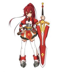 Rule 34 | 1girl, armor, armored dress, elesis (elsword), elsword, expressionless, free knight (elsword), full body, hand on own hip, long hair, neckerchief, official art, ponytail, red eyes, red hair, ress, shoes, skirt, solo, standing, sword, thighhighs, weapon, white background, white skirt, white thighhighs