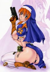 Rule 34 | 1girl, anus, ass, blue eyes, boots, breasts, censored, chrno crusade, gloves, gun, habit, handgun, highres, jewelry, kobayashi masakazu, large breasts, m1911, necklace, no panties, non-web source, nun, open clothes, open shirt, orange hair, pistol, pussy, rosette christopher, scan, semi-automatic firearm, semi-automatic pistol, shirt, solo, thighhighs, weapon, white thighhighs, zoom layer