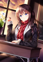 Rule 34 | 1girl, black coat, black pantyhose, black ribbon, blue eyes, blush, breasts, brown hair, cloud, coat, desk, dutch angle, hair between eyes, hair ribbon, highres, holding, holding pen, indoors, large breasts, long hair, long sleeves, looking at viewer, open clothes, open coat, original, pantyhose, parted lips, pen, plant, potted plant, red scarf, ribbon, scarf, shirt, sidelocks, sitting, skirt, solo, sunset, thighband pantyhose, white shirt, window, wsman