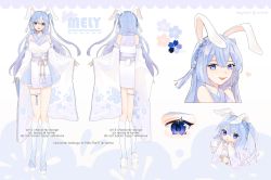 Rule 34 | 1girl, animal ears, artist name, blue eyes, blue hair, breasts, character sheet, chibi, clenched hands, commentary, detached sleeves, english commentary, eon / ieon, head tilt, highres, indie virtual youtuber, large breasts, long hair, mely (vtuber), multiple views, obi, open mouth, rabbit ears, rabbit girl, sash, second-party source, side ponytail, smile, virtual youtuber, watermark