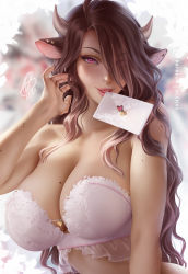 Rule 34 | 1girl, animal ears, artist name, bra, breasts, brown hair, cleavage, commentary, cow ears, cow horns, english commentary, hair over one eye, hand up, heart, heart-shaped pupils, horns, huge breasts, letter, lipstick, long hair, looking at viewer, makeup, mixed-language commentary, mole, mole on arm, mole on breast, mole on shoulder, mouth hold, olchas, original, parted lips, pink bra, pink eyes, red lips, solo, symbol-shaped pupils, underwear, underwear only, upper body, wavy hair