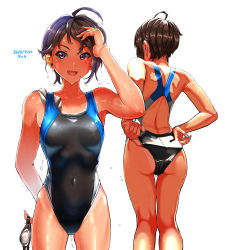 Rule 34 | 1girl, adjusting, adjusting clothes, adjusting swimsuit, ahoge, ass, black hair, black one-piece swimsuit, blue eyes, competition swimsuit, covered navel, cowboy shot, unworn eyewear, from behind, goggles, unworn goggles, highleg, highleg swimsuit, highres, holding, holding goggles, holding removed eyewear, kilesha, looking at viewer, multiple views, one-piece swimsuit, original, short hair, simple background, smile, solo focus, standing, swimming goggles, swimsuit, wet, wet clothes, wet hair, wet swimsuit, white background