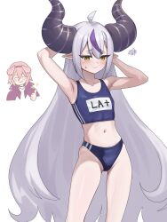 Rule 34 | 2girls, ahoge, alternate costume, armpits, arms behind head, bare arms, bare shoulders, big hair, black horns, blush, braid, braided bangs, closed eyes, closed mouth, dalcom, demon girl, demon horns, embarrassed, feet out of frame, flat chest, furrowed brow, grey hair, hair between eyes, highres, hololive, horns, la+ darknesss, long hair, looking down, midriff, multicolored hair, multiple girls, name tag, navel, pink hair, pointy ears, purple hair, smile, solo focus, sparkle, sports bikini, squiggle, standing, streaked hair, striped horns, sweatdrop, takane lui, thumbs up, track uniform, very long hair, virtual youtuber, wavy mouth, white background, yellow eyes