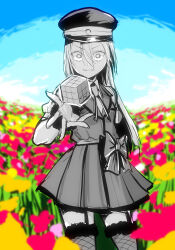 Rule 34 | 1girl, alina gray, bow, cube, field, fishnet thighhighs, fishnets, flower, flower field, fur-trimmed thighhighs, fur trim, garter straps, hair between eyes, hat, ken (koala), long hair, looking at viewer, magia record: mahou shoujo madoka magica gaiden, magical girl, mahou shoujo madoka magica, peaked cap, pleated skirt, puffy short sleeves, puffy sleeves, short sleeves, skirt, sky, smile, solo, standing, thighhighs, v-neck, v-shaped eyebrows, vest, waist bow, wide-eyed
