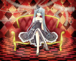Rule 34 | 1girl, aqua eyes, aqua hair, argyle, argyle background, argyle clothes, bare shoulders, checkered floor, collarbone, couch, crossed legs, cup, dress, elbow gloves, floor, gloves, hat, hatsune miku, head tilt, high heels, long hair, mil2, mini hat, mini top hat, red upholstery, shoes, single elbow glove, single glove, single thighhigh, sitting, solo, striped clothes, striped thighhighs, teacup, thighhighs, top hat, twintails, vertical-striped clothes, vertical-striped thighhighs, very long hair, vocaloid