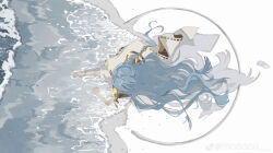 Rule 34 | 1girl, 37 (reverse:1999), absurdres, ancient greek clothes, barefoot, blue hair, circle, footprints, frogggu, from above, full body, greco-roman clothes, highres, long hair, ocean, reverse:1999, sand writing, shadow, solo, toga, very long hair, wading, walking, water, weibo logo, weibo watermark, white background
