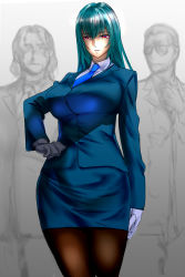 Rule 34 | 1girl, 2boys, alternate eye color, alternate hairstyle, aviator sunglasses, blue hair, breasts, business suit, clark still, formal, gloves, hand on own hip, highres, judgem29, large breasts, legs, leona heidern, long hair, military, military uniform, miniskirt, monochrome, monochrome background, multiple boys, necktie, office lady, pants, pantyhose, pencil skirt, ralf jones, red eyes, short hair, skirt, snk, straight hair, suit, sunglasses, the king of fighters, tight clothes, uniform