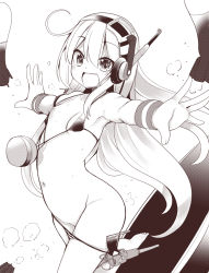 Rule 34 | 1girl, :d, air bubble, albacore (azur lane), azur lane, bare shoulders, bikini, bikini pull, blush, breasts, bubble, clothes pull, commentary request, greyscale, groin, hair between eyes, headphones, long hair, looking at viewer, micro bikini, monochrome, navel, nipple slip, nipples, open mouth, outstretched arms, small breasts, smile, solo, spread arms, sweatband, swimsuit, takara akihito, torpedo, very long hair, white background, wristband