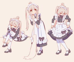 Rule 34 | 1girl, adjusting clothes, adjusting shoe, ahoge, alternate costume, black bow, black bowtie, black footwear, bow, bowtie, broom, chinese commentary, closed eyes, commentary request, enmaided, full body, genderswap, genderswap (mtf), hair between eyes, high heels, highres, juliet sleeves, leaning forward, light blush, long hair, long sleeves, maid, maid headdress, mary janes, multiple views, onii-chan wa oshimai!, oyama mahiro, pantyhose, puffy sleeves, shoes, simple background, sitting, skirt hold, twintails, white pantyhose, yellow eyes, ziyan yi