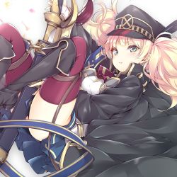 Rule 34 | 1girl, :t, bad id, bad twitter id, blonde hair, blue skirt, blush, boots, closed mouth, coat, commentary, fingerless gloves, gloves, granblue fantasy, green eyes, hat, highres, long hair, looking at viewer, luna lia, lying, monica weisswind, monika weisswind, peaked cap, pleated skirt, pout, skirt, solo, sword, thighhighs, twintails, v-shaped eyebrows, weapon, white gloves