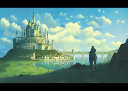 Rule 34 | ambiguous gender, animal, arch, armor, bird, blonde hair, blue sky, bridge, building, castle, city, cloud, cloudy sky, day, doora (dora0913), facing away, fantasy, from behind, grass, highres, horse, horseback riding, lake, letterboxed, long hair, outdoors, path, pixiv fantasia, pixiv fantasia t, reflection, riding, road, rock, scabbard, scenery, sheath, sitting, sky, solo, tower, valley, water surface