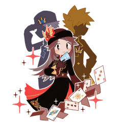 Rule 34 | 1girl, 2boys, belt, black coat, blue oak, blue oak (champion), blush, brown belt, brown gloves, brown hair, card, closed mouth, coat, commentary request, creatures (company), game freak, gloves, hair flaps, hat, hat ornament, highres, holding, holding card, leaf (champion) (pokemon), leaf (pokemon), long hair, long sleeves, looking at viewer, milkpeachi, multiple boys, nintendo, official alternate costume, playing card, pokemon, pokemon masters ex, red (champion) (pokemon), red (pokemon), sidelocks, smile, sparkle