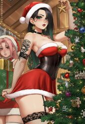 2girls april_(sciamano240) arm_tattoo artist_name black_choker black_corset black_garter_straps black_hair bow box breasts chloe_(sciamano240) choker christmas_ornaments christmas_tree corset dress elbow_gloves fingerless_gloves fishnet_gloves fishnet_thighhighs fishnets fur-trimmed_dress fur_trim garter_straps gift gift_box gloves green_eyes hat highres holding holding_gift lips long_hair multiple_girls original pink_eyes pink_hair red_dress santa_dress santa_hat sciamano240 strapless strapless_dress tattoo thighhighs yellow_bow