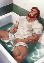 Rule 34 | 1boy, abs, bara, bathtub, beard, clothed bath, commentary request, dark-skinned male, dark skin, facial hair, fate/grand order, fate (series), grin, highres, iskandar (fate), large pectorals, looking at viewer, male focus, mature male, muscular, muscular male, nipples, one eye closed, partially submerged, pectorals, red eyes, red hair, scar, scar on arm, scar on chest, scar on leg, see-through, selkiro, shirt, short hair, shorts, smile, solo, spread legs, stomach, t-shirt, thick thighs, thighs, wet, wet clothes, wet shirt, wet shorts, white shirt