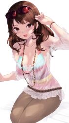 Rule 34 | 1girl, breasts, brown eyes, brown hair, brown pants, cait aron, cleavage, collarbone, earrings, eyewear on head, highres, hoop earrings, jewelry, kujikawa rise, large breasts, long hair, looking at viewer, multicolored clothes, multicolored shirt, necklace, open mouth, pants, persona, persona 4, see-through, shirt, simple background, sitting, sleeveless, sleeveless shirt, smile, solo, striped clothes, striped shirt, sunglasses, white background