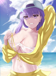 Rule 34 | 1girl, absurdres, arm behind head, arm up, asymmetrical hair, bandeau, bare shoulders, baseball cap, bb (fate), bb (fate) (all), bb (swimsuit mooncancer) (fate), bb (swimsuit mooncancer) (first ascension) (fate), beach, blue sky, blush, braid, breasts, cleavage, collarbone, cropped jacket, fate/grand order, fate (series), grin, gsan 029, hat, hat ornament, highres, jacket, large breasts, lens flare, long hair, long sleeves, looking at viewer, midriff, miniskirt, ocean, off shoulder, purple eyes, purple hair, shore, single braid, skirt, sky, smile, solo, star (symbol), star hat ornament, very long hair, wet, white hat, yellow jacket, yellow skirt