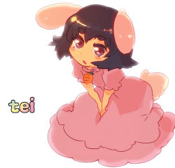 Rule 34 | 1girl, :o, animal ears, bad id, bad pixiv id, blush, carrot, dress, female focus, inaba tewi, jewelry, pendant, pink dress, rabbit ears, rabbit girl, rabbit tail, rawan, short hair, sitting, solo, tail, touhou, v arms