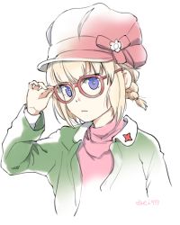 Rule 34 | 1girl, adjusting eyewear, alternate hairstyle, blonde hair, blue eyes, bow, bowtie, braid, cabbie hat, casual, closed mouth, commentary request, cropped torso, ei (akinosakae), girls und panzer, glasses, green jacket, hair tie, hat, jacket, katyusha (girls und panzer), light frown, long sleeves, looking at viewer, one-hour drawing challenge, open clothes, open jacket, red-framed eyewear, red hat, red shirt, shirt, short hair, simple background, solo, turtleneck, twitter username, upper body, white background