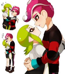 Rule 34 | 1boy, 1girl, ankle boots, artist name, bike shorts, black footwear, black shorts, black sweater, blunt bangs, blush, boots, closed eyes, closed mouth, commentary, dated, fang, frown, green hair, hetero, hug, inkling, inkling girl, inkling player character, kimono dress, leggings, lifting person, long hair, long sleeves, looking at another, mohawk, nintendo, octoling, octoling player character, parted lips, pointy ears, red eyes, red hair, red sweater, short hair, shorts, simple background, single vertical stripe, splatoon (series), squiggle, standing, striped clothes, striped sweater, suction cups, sweatdrop, sweater, tentacle hair, tiptoes, translated, white background, yeneny