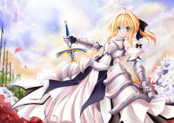 Rule 34 | 1girl, ahoge, armor, armored dress, artoria pendragon (fate), blonde hair, caliburn (fate), capcom, day, dress, fate/stay night, fate/unlimited codes, fate (series), faulds, flower, green eyes, milelunar, millelunar, ponytail, saber (fate), saber lily, short hair, sky, solo, sword, weapon