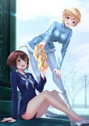 Rule 34 | 10s, 2girls, :d, ahoge, arm support, blonde hair, blue eyes, boots, brave witches, breasts, brown eyes, brown hair, cloud, day, fur trim, hand on own knee, highres, impossible clothes, impossible sweater, karibuchi hikari, large breasts, leaning forward, long sleeves, multiple girls, nikka edvardine katajainen, no socks, open mouth, pantyhose, ribbed sweater, school uniform, short hair, sitting, sky, smile, sweat, sweater, swordsouls, towel, tree, turtleneck, white legwear, world witches series