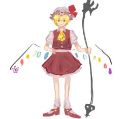 Rule 34 | 1girl, ascot, blonde hair, cosplay, crystal wings, don quixote (project moon), dumitaph, flandre scarlet, flandre scarlet (cosplay), full body, hat, hat ribbon, laevatein (touhou), limbus company, mary janes, mob cap, pointy ears, project moon, red eyes, red ribbon, ribbon, shoes, short hair, simple background, smile, solo, touhou, white background, white hat, yellow ascot