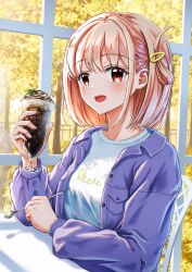 Rule 34 | 1girl, blonde hair, blush, chair, folded ponytail, food, ginkgo leaf, ginkgo tree, hair ornament, hairclip, highres, holding, holding food, holding spoon, jacket, leaf, long sleeves, looking at viewer, lycoris recoil, nishikigi chisato, open mouth, orange eyes, parfait, short hair, sitting, smile, solo, somu51, spoon, tree, window