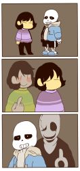 Rule 34 | 2boys, 3koma, = =, androgynous, blush stickers, chara (undertale), comic, frisk (undertale), highres, hood, hoodie, mamaito, middle finger, multiple boys, red eyes, sans (undertale), shirt, silent comic, skeleton, spoilers, striped clothes, striped shirt, undertale, w.d. gaster