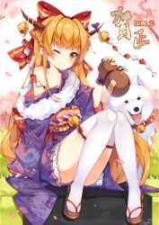 Rule 34 | 1girl, 2018, bell, bow, braid, cherry blossoms, closed mouth, convenient leg, dango remi, dog, gourd, hair bow, hand up, highres, holding, horn bell, horns, ibuki suika, japanese clothes, kimono, knees together feet apart, looking at viewer, obi, off shoulder, one eye closed, orange eyes, orange hair, petals, red bow, sandals, sash, sitting, smile, solo, thighhighs, touhou, white thighhighs, wrist cuffs