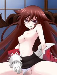 Rule 34 | 00s, 1girl, alice (pandora hearts), bad id, bad pixiv id, bare shoulders, blush, braid, breasts, brown hair, censored, clothing aside, gloves, navel, nipples, no bra, pandora hearts, panties, panties aside, rutarou, solo, underwear