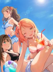 Rule 34 | 3girls, :o, ;d, all fours, aonaga heri, arm support, ball, bare arms, bare shoulders, beachball, bikini, bikini skirt, bikini top only, black bikini, blue bikini, blue sky, blunt bangs, blush, bracelet, breasts, brown hair, cleavage, closed mouth, cloud, cup, day, drinking glass, drinking straw, flower, foreshortening, frilled bikini, frills, from side, front-tie bikini top, front-tie top, green eyes, hair flower, hair ornament, hand on own hip, hojo karen, holding, holding cup, holding drinking glass, idolmaster, idolmaster cinderella girls, jewelry, kamiya nao, knees up, lens flare, light brown hair, lips, long hair, looking at viewer, looking to the side, lying, medium breasts, multiple girls, navel, on back, one eye closed, open fly, open mouth, orange hair, outdoors, pink bikini, red eyes, shibuya rin, short shorts, shorts, sky, small breasts, smile, standing, stomach, sunlight, swept bangs, swimsuit, tareme, thighs, unbuttoned, wavy mouth, white shorts, yellow eyes