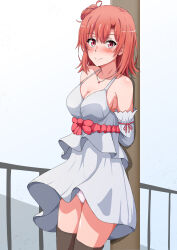 Rule 34 | 1girl, blush, bow, breasts, cleavage, closed mouth, commentary request, detached sleeves, dress, frilled dress, frills, hair bun, highres, konoyan, large breasts, looking at viewer, medium hair, panties, pantyshot, pink bow, red eyes, red hair, revision, single hair bun, smile, solo, standing, underwear, white dress, white panties, yahari ore no seishun lovecome wa machigatteiru., yuigahama yui