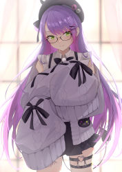 Rule 34 | 1girl, absurdres, backlighting, beret, black bow, black hat, black ribbon, black skirt, blush, bow, bowtie, cardigan, colored inner hair, cowboy shot, demon girl, demon tail, earrings, glasses, green eyes, grey cardigan, hair ornament, hairclip, hat, hat pin, highres, hololive, jewelry, leg tattoo, long hair, looking at viewer, miniskirt, multicolored hair, o-ring, o-ring thigh strap, off shoulder, pink hair, pleated skirt, pointy ears, pom pom (clothes), purple hair, ribbon, skirt, sleeves past fingers, sleeves past wrists, smile, solo, swept bangs, tail, tattoo, thigh strap, tokoyami towa, unidon 48, very long hair, virtual youtuber, window