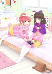Rule 34 | 2girls, all fours, bag, bed, blue eyes, blush, box, brown hair, capelet, chest of drawers, curtains, fang, floral print, food print, gift, gift box, hairband, highres, indoors, kurosu aroma, long sleeves, looking at another, multiple girls, okiru, on bed, open mouth, orange eyes, picture frame, pleated skirt, ponytail, pretty series, pripara, red hair, rug, school uniform, serafuku, shiratama mikan, sitting, skirt, star (symbol), strawberry print, striped clothes, striped legwear, striped thighhighs, stuffed animal, stuffed penguin, stuffed rabbit, stuffed toy, teddy bear, thighhighs, window, wooden floor