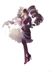 Rule 34 | 1girl, absurdres, black dress, black hair, brown eyes, card, celestia ludenberg, closed mouth, danganronpa: trigger happy havoc, danganronpa (series), dress, drill hair, frilled dress, frilled sleeves, frills, high heels, highres, lipstick, long hair, makeup, necktie, pink lips, red footwear, red necktie, simple background, solo, soungruan mian mao, twintails, very long hair, white background