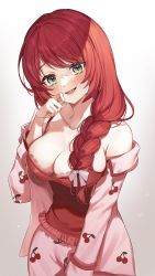 Rule 34 | 1girl, :d, alt text, blush, braid, breasts, chan hone pkpk, cherry print, collarbone, commentary request, food print, gradient background, green eyes, highres, hino akane (vtuber), indie virtual youtuber, large breasts, long hair, long sleeves, looking at viewer, off shoulder, open mouth, pajamas, red hair, smile, solo, virtual youtuber